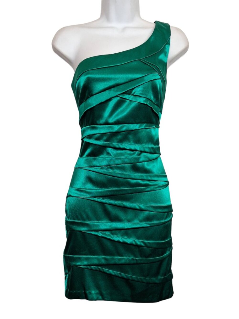 BYER CALIFORNIA One Shoulder Dress Green Satin Cocktail Mini Party Size 7
